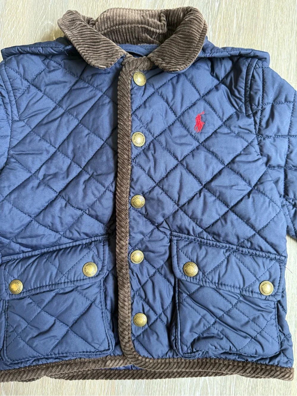 Ralph Lauren Navy Quilted Barn Coat With detachable hood Size 18 Months